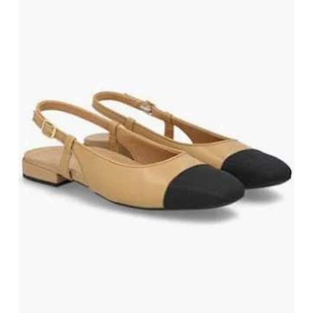 Vionic Petaluma Slingback Cap Toe Leather Flats Womens 6.5 Camel Black Leather